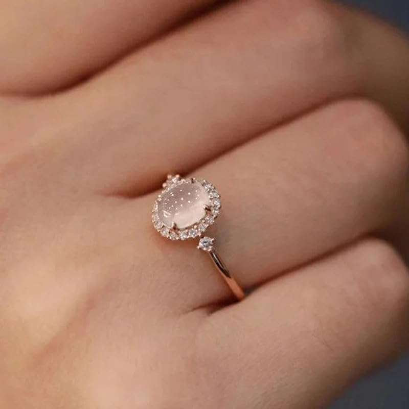 Sdouefos Store Bohemia Moonstone Ring 14K Rose Gold Plated 925 Sterling Silver Raw Rainbow Moonstone Rings Opal Diamond Ring Transparent Elegant Moonstone Engagement Cocktail Wedding Band Rings Size 9 - Image 2